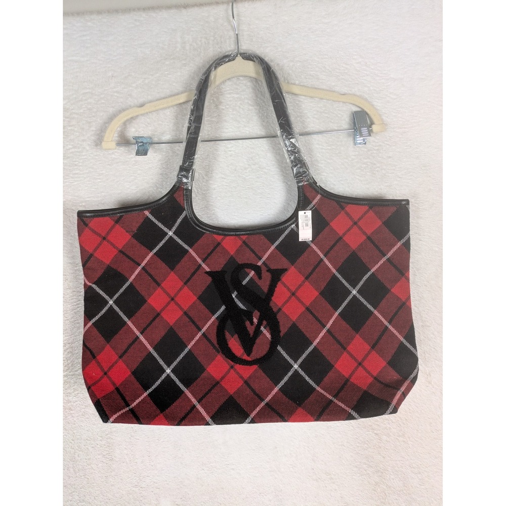 NEW Victoria's Secret Tote Bag Women's Large Red Black Plaid Embroidered Logo